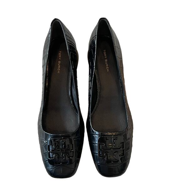 TORY BURCH Women Croc Leather Georgia Pump 25mm Black Size 7.5 New In Box - Picture 16 of 16